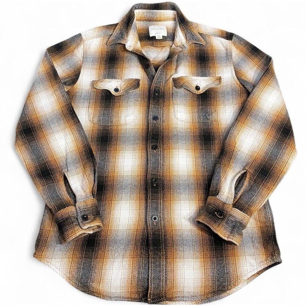 American Eagle Men's Brown Black Plaid Button-Up Shirt S Long Sleeve Cotton
